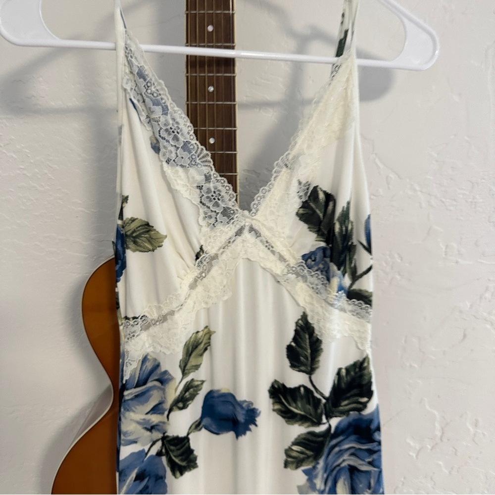 White Maxi Slip Dress with Blue Floral Print - Picture 3 of 7
